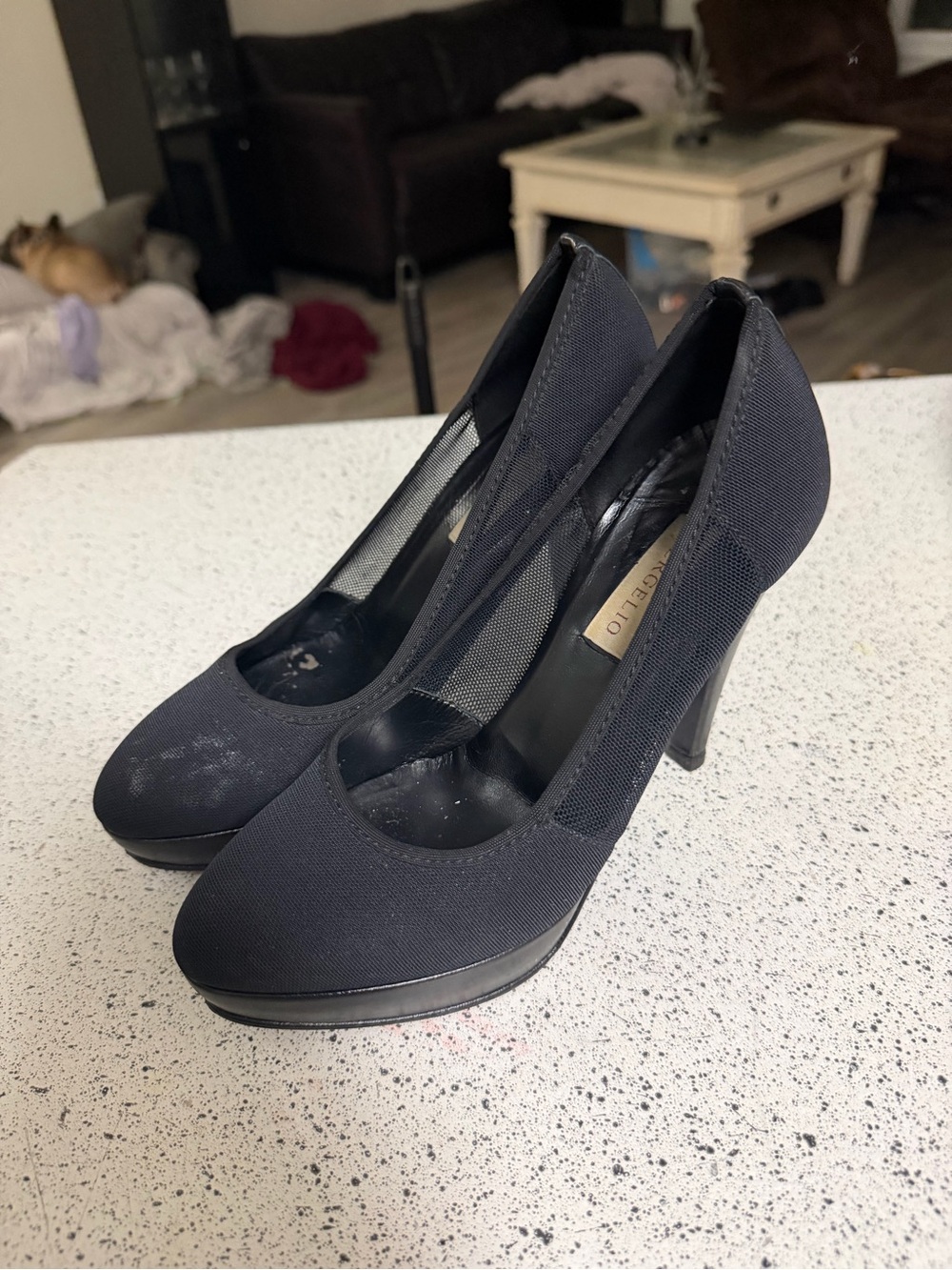 Vergelio Made in Italy Black Shoes Heels Stiletto Leather and Mesh Size 35.5